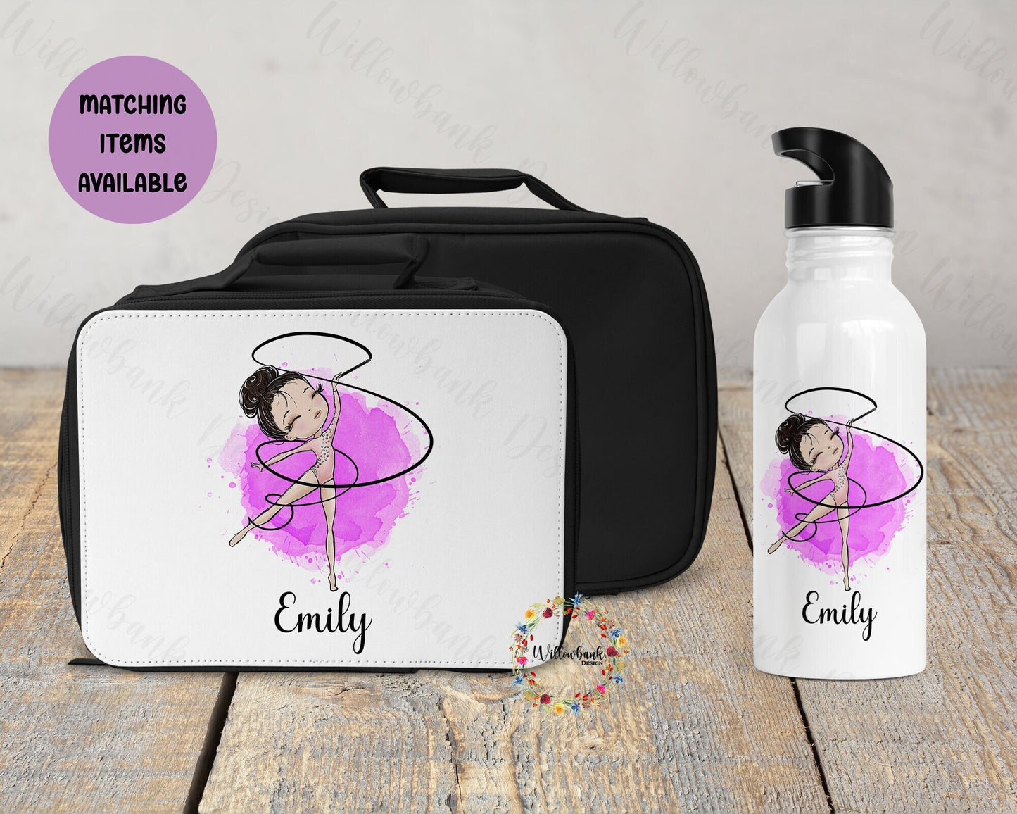 Personalised Matching Gymnastics Water Bottle & Lunch Bag Cooler l School Drink Bottle l Handled Drink Bottles l 500ml Straw Bottle