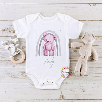 Personalised Rainbow Teddy Bear Baby Bodysuit
