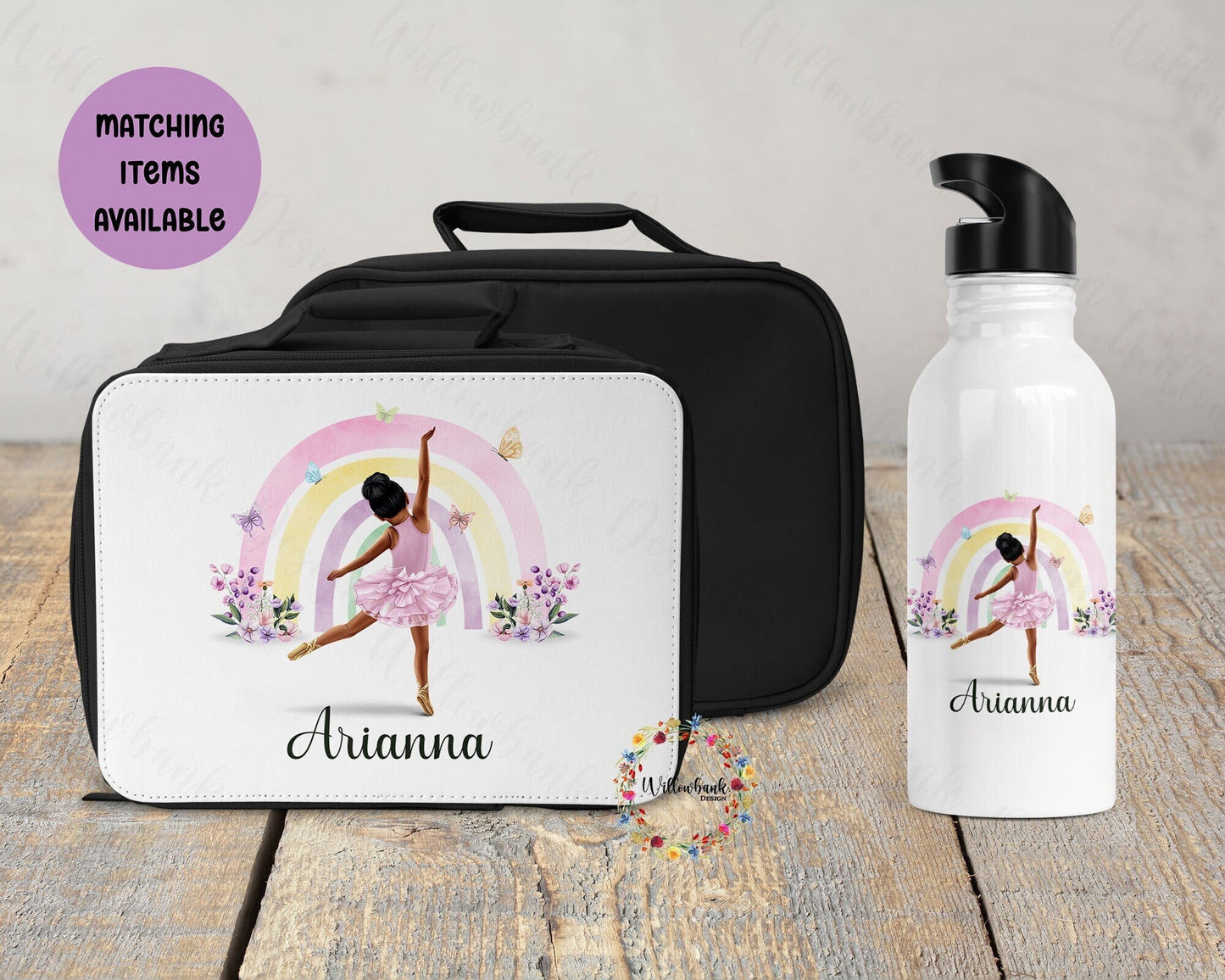 Personalised Matching Ballerina Water Bottle & Lunch Bag Cooler l School Drink Bottle l Handled Bottles l 500ml Straw Bottle l Ballet