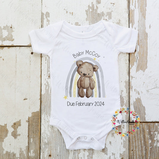 Personalised Baby Announcement Teddy Bear Rainbow Baby Bodysuit l Baby Vest l Baby Shower l Unisex l Neutral l Pregnancy Announcement