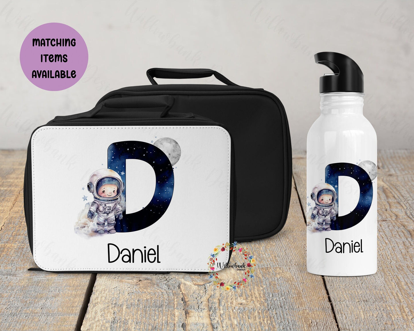 Personalised Matching Astronaut Water Bottle & Lunch Bag Cooler l School Drink Bottle l Handled Bottles l 500ml Straw Bottle l Outer Space