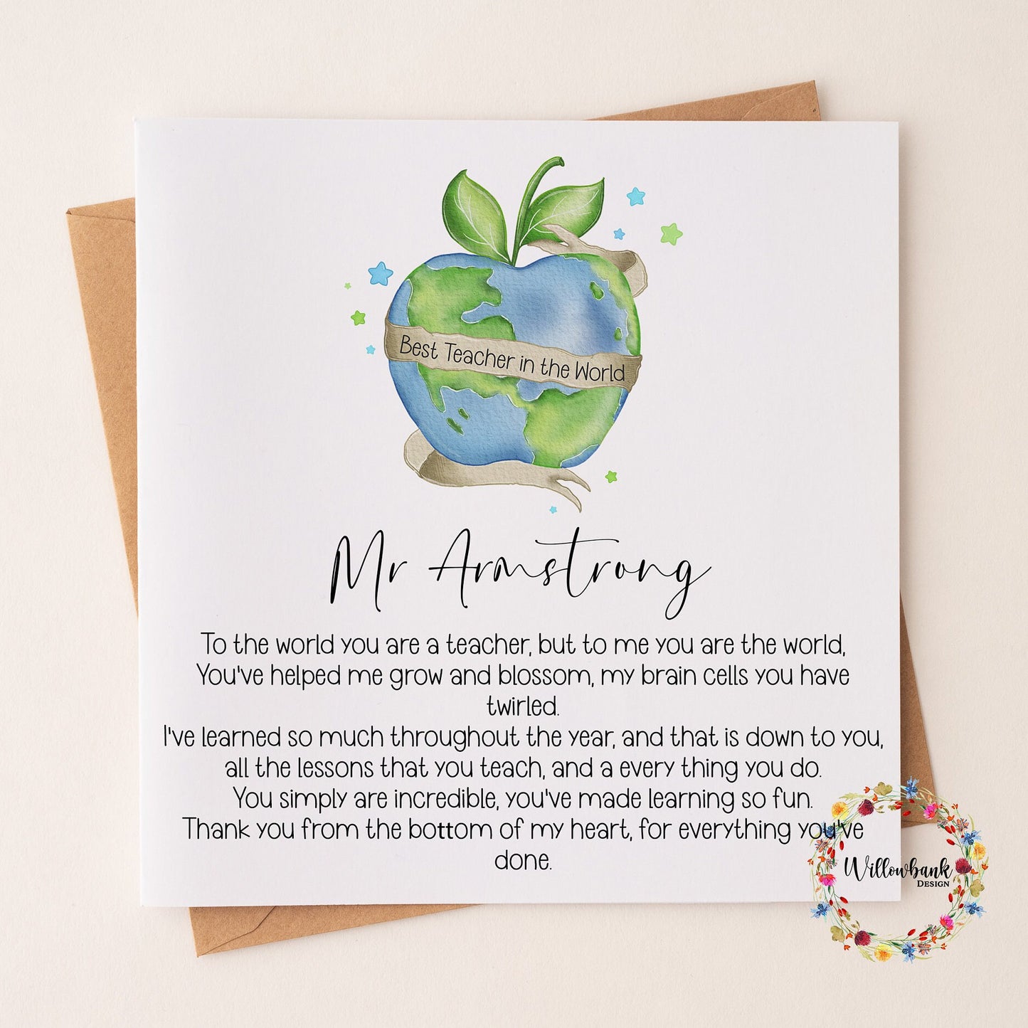 Personalised Best Teacher In The World Card l Teaching Assistant l Nursery l Pre School l Childminder l End Of Term l Thank You Teacher