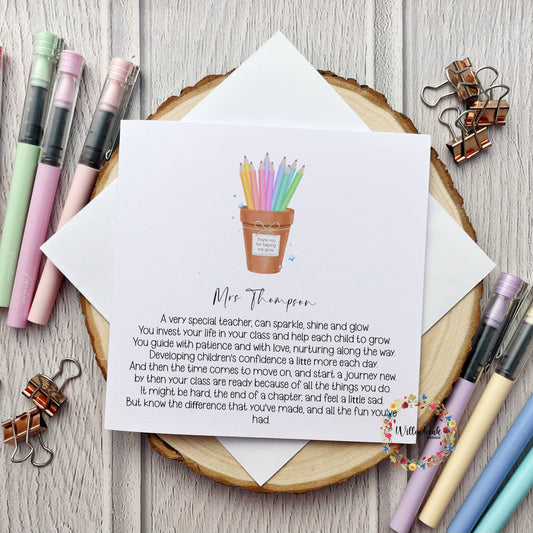 Personalised Best Teacher In The World Card l Teaching Assistant l Nursery l Childminder l End Of Term l Thank You Rainbow Pencils