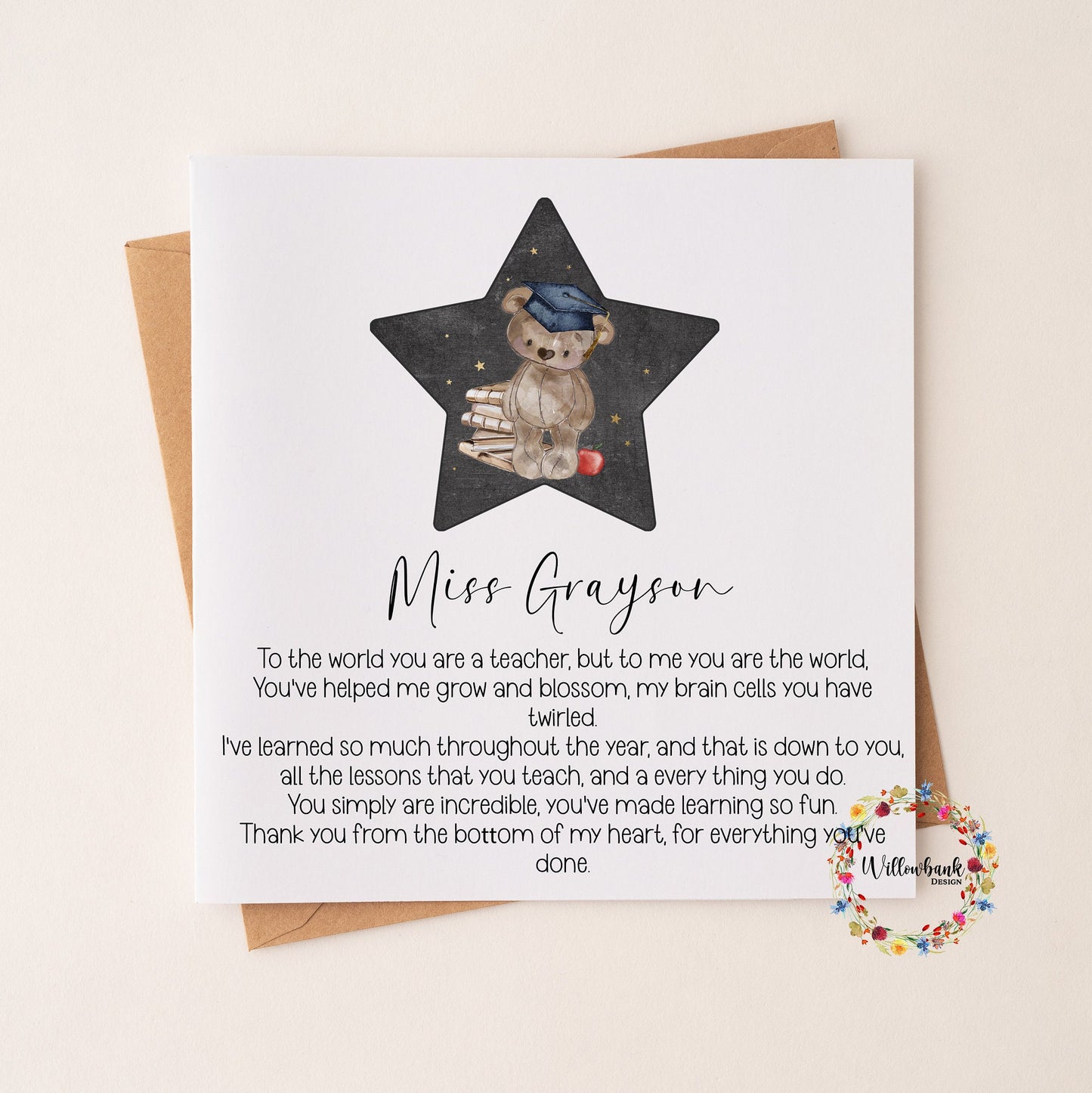 Personalised Best Teacher In The World Card l Teaching Assistant l Nursery l Childminder l End Of Term l Thank You Star Bear