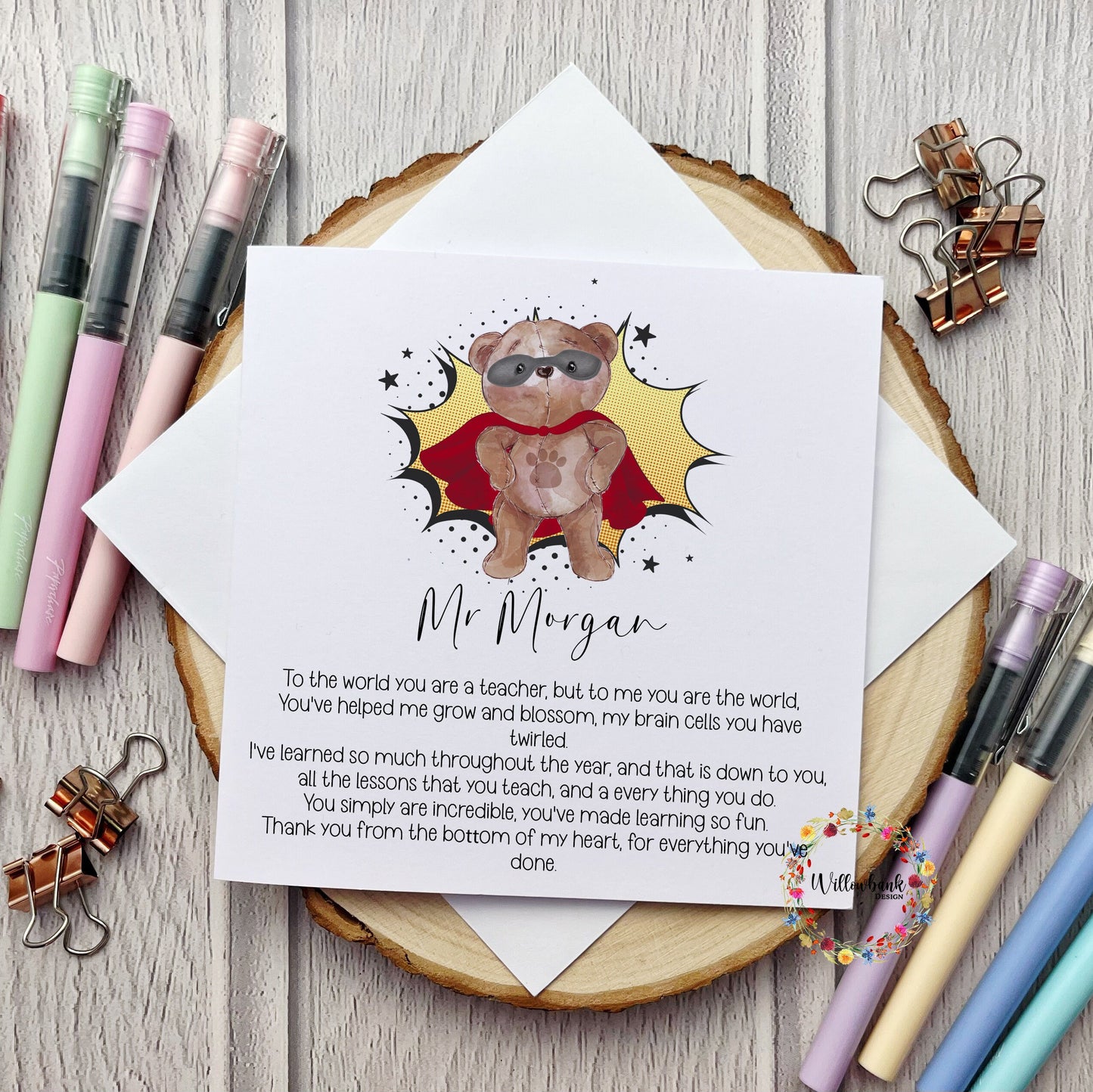 Personalised Best Teacher In The World Card l Teaching Assistant l Nursery l Childminder l End Of Term l Thank You Super Bear