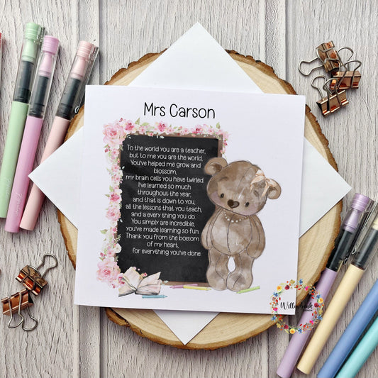 Personalised Best Teacher In The World Card l Teaching Assistant l Nursery l Childminder l End Of Term l Thank You Bear Blackboard Chalk