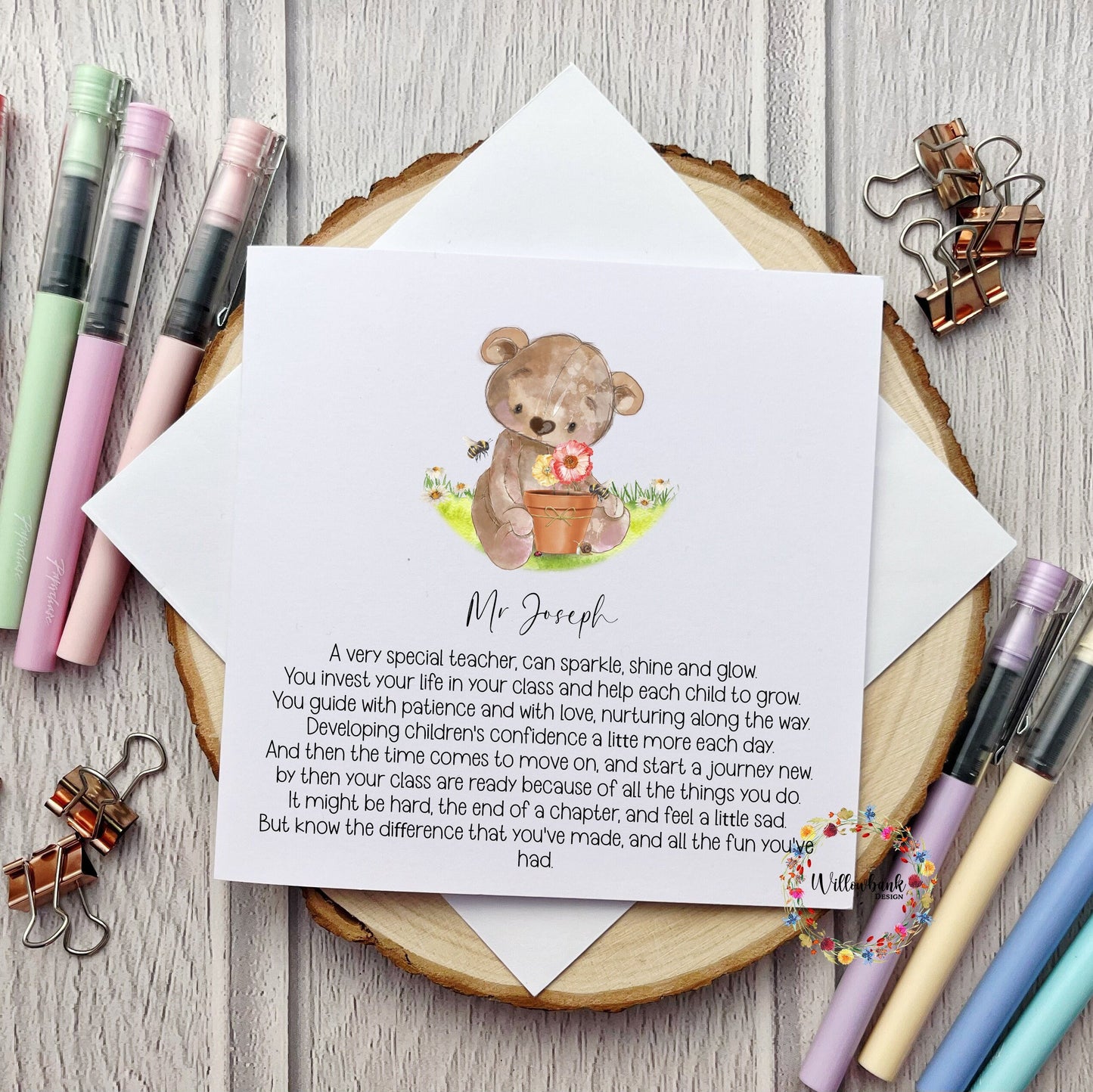 Personalised Best Teacher In The World Card l Teaching Assistant l Nursery l Childminder l End Of Term l Thank You Flower Bear