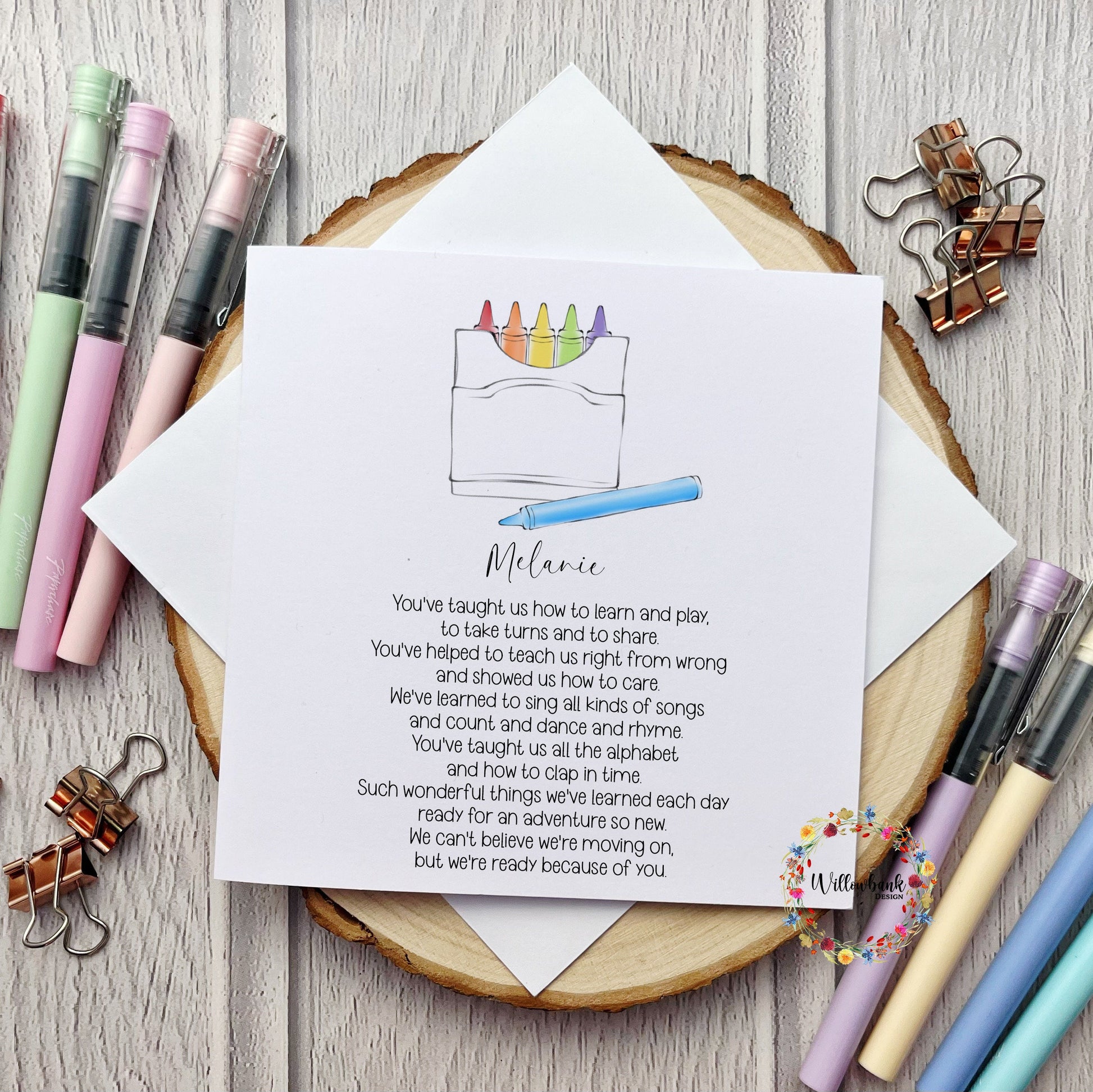 Personalised Nursery Teacher Card l Leaving Nursery l Pre School l Childminder l Thank You l Crayons