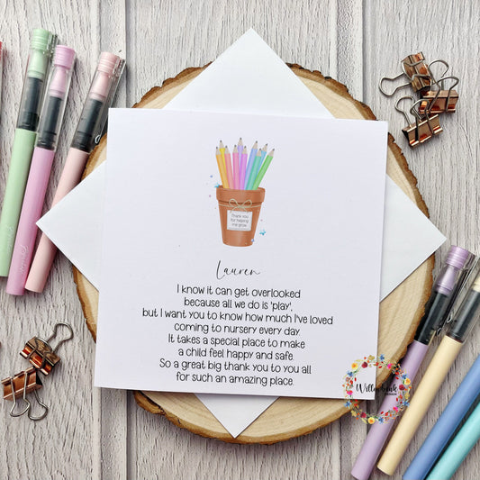 Personalised Nursery Teacher Card l Leaving Nursery l Pre School l Childminder l Thank You l Pencil Pot