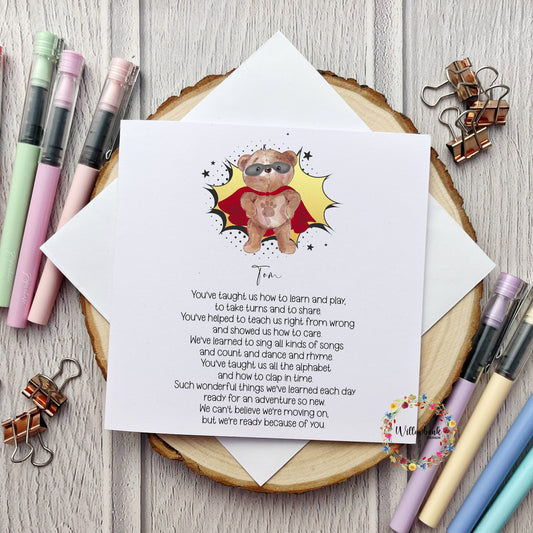 Personalised Nursery Teacher Card l Leaving Nursery l Pre School l Childminder l Thank You l Super Bear