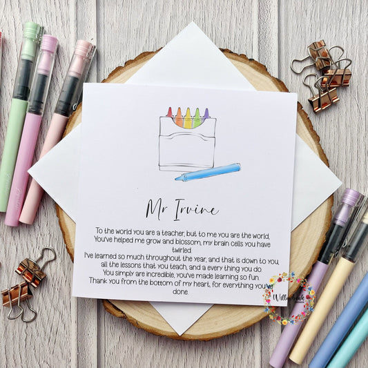 Personalised Best Teacher In The World Card l Teaching Assistant l Nursery l Pre School l Childminder l End Of Term l Thank You Crayons