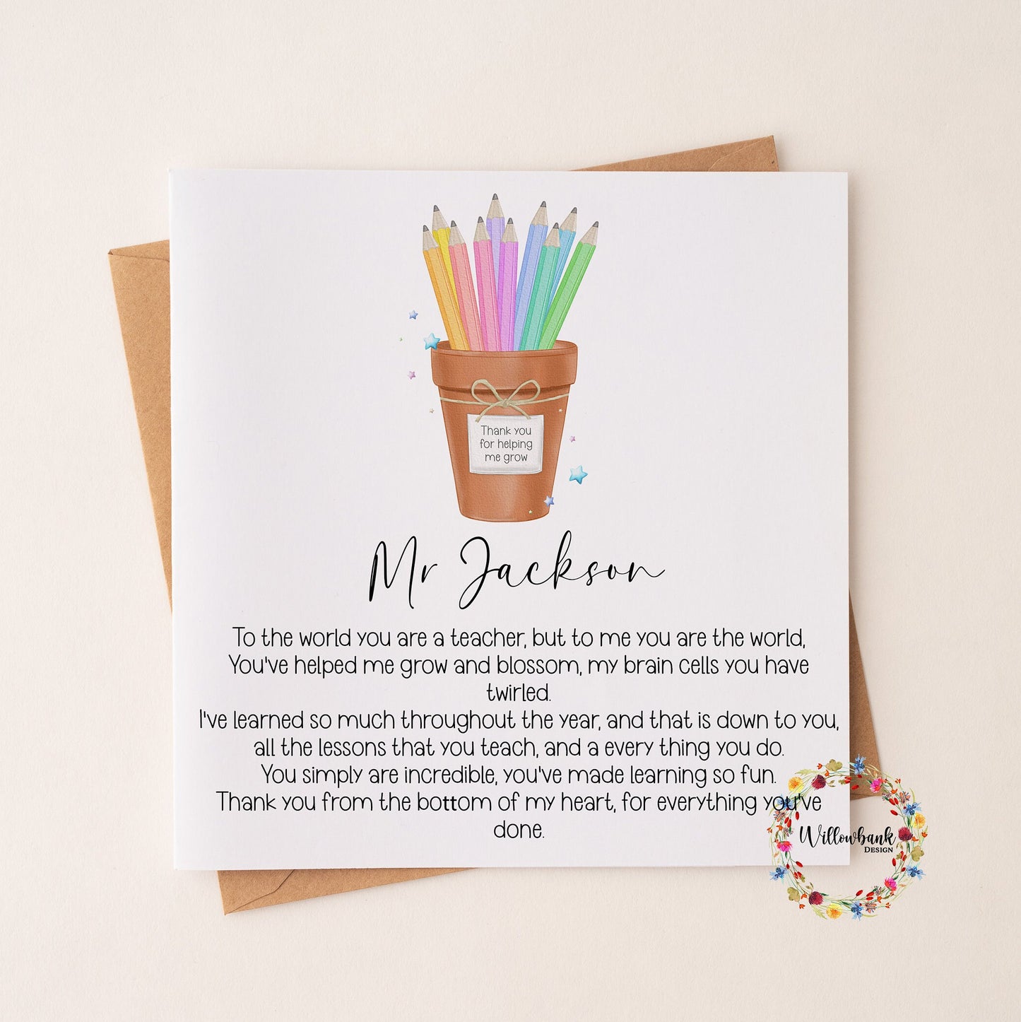 Personalised Best Teacher In The World Card l Teaching Assistant l Nursery l Childminder l End Of Term l Thank You Rainbow Pencils