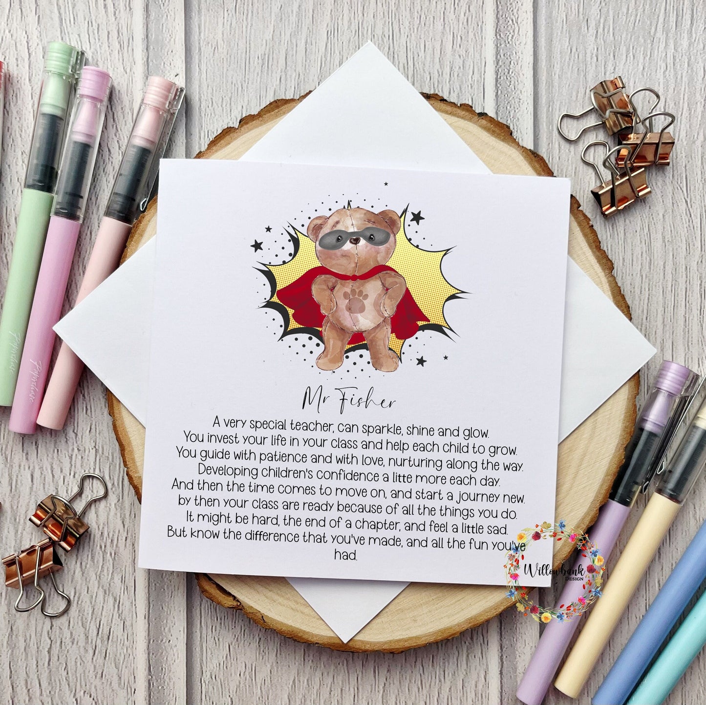 Personalised Best Teacher In The World Card l Teaching Assistant l Nursery l Childminder l End Of Term l Thank You Super Bear