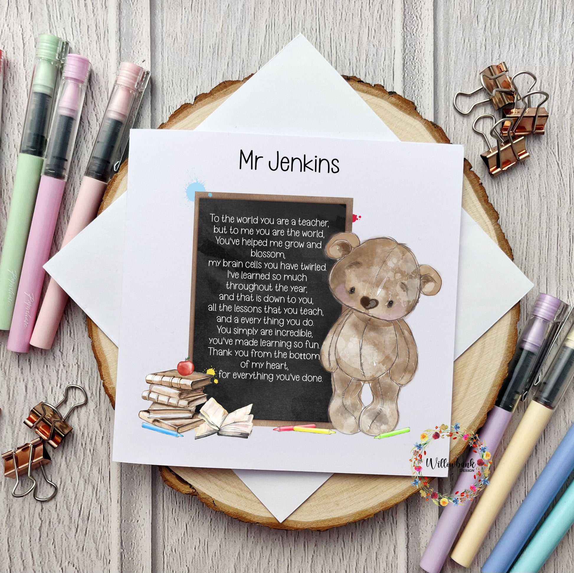 Personalised Best Teacher In The World Card l Teaching Assistant l Nursery l Childminder l End Of Term l Thank You Bear Blackboard Chalk