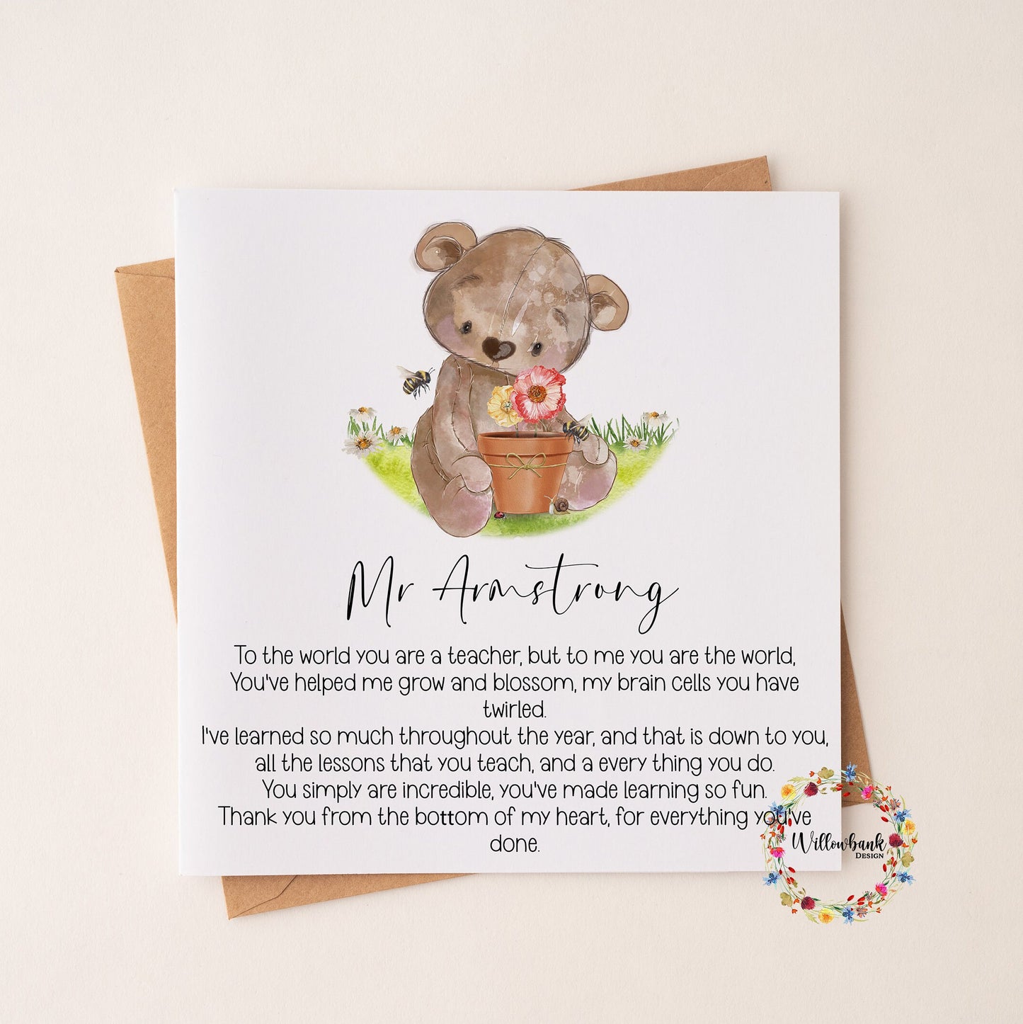 Personalised Best Teacher In The World Card l Teaching Assistant l Nursery l Childminder l End Of Term l Thank You Flower Bear