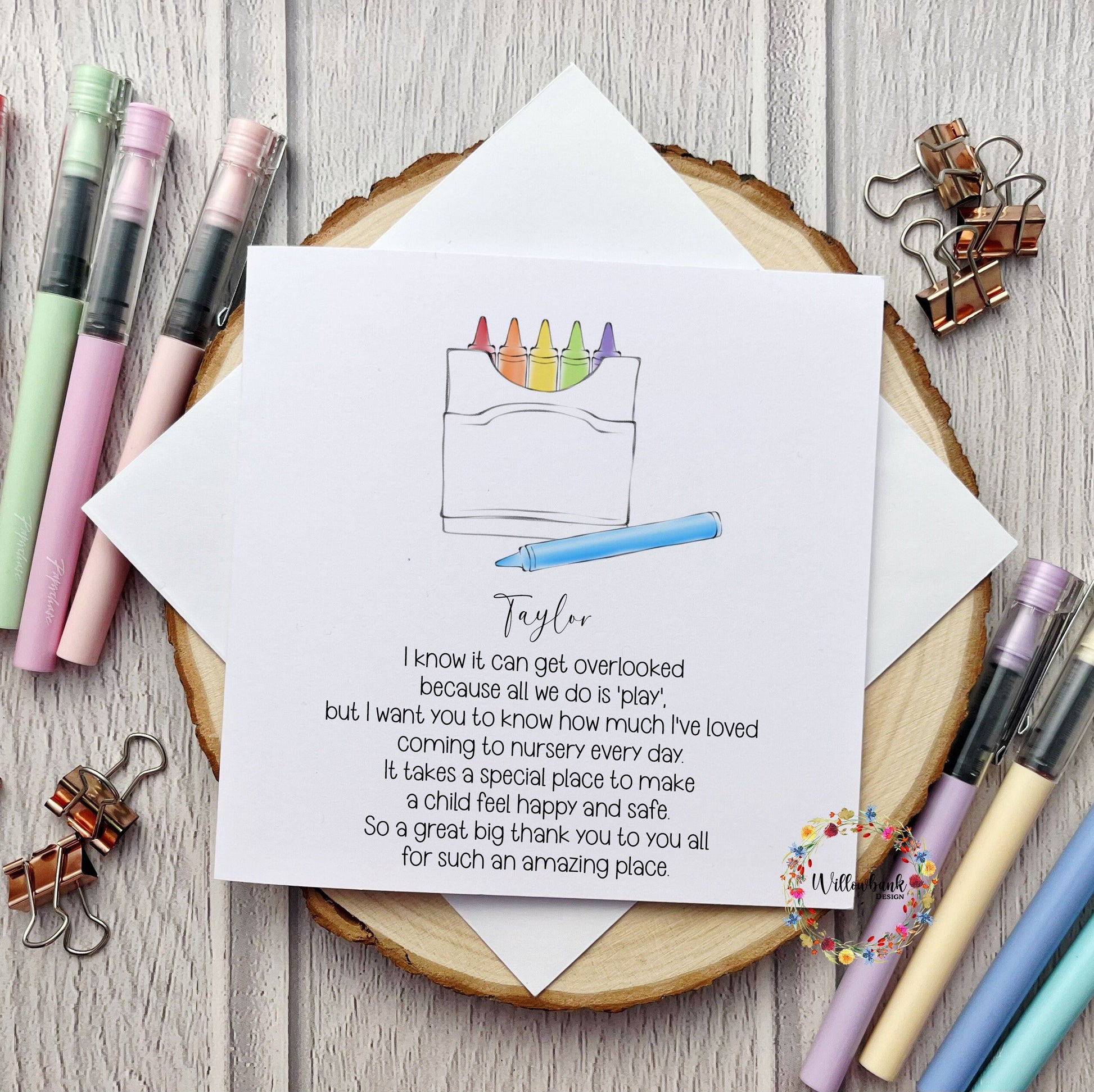 Personalised Nursery Teacher Card l Leaving Nursery l Pre School l Childminder l Thank You l Crayons