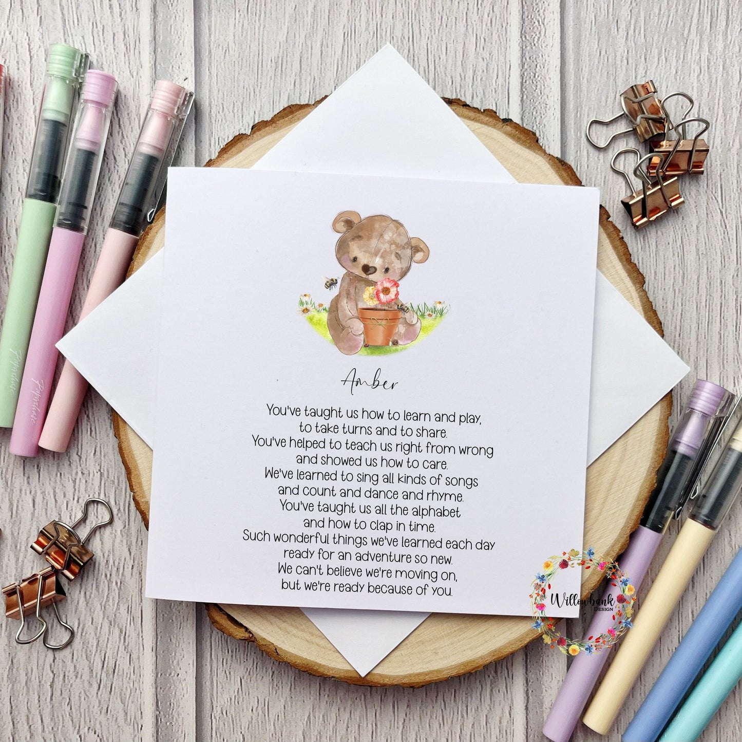 Personalised Nursery Teacher Card l Leaving Nursery l Pre School l Childminder l Thank You l Teddy Bear Flowers