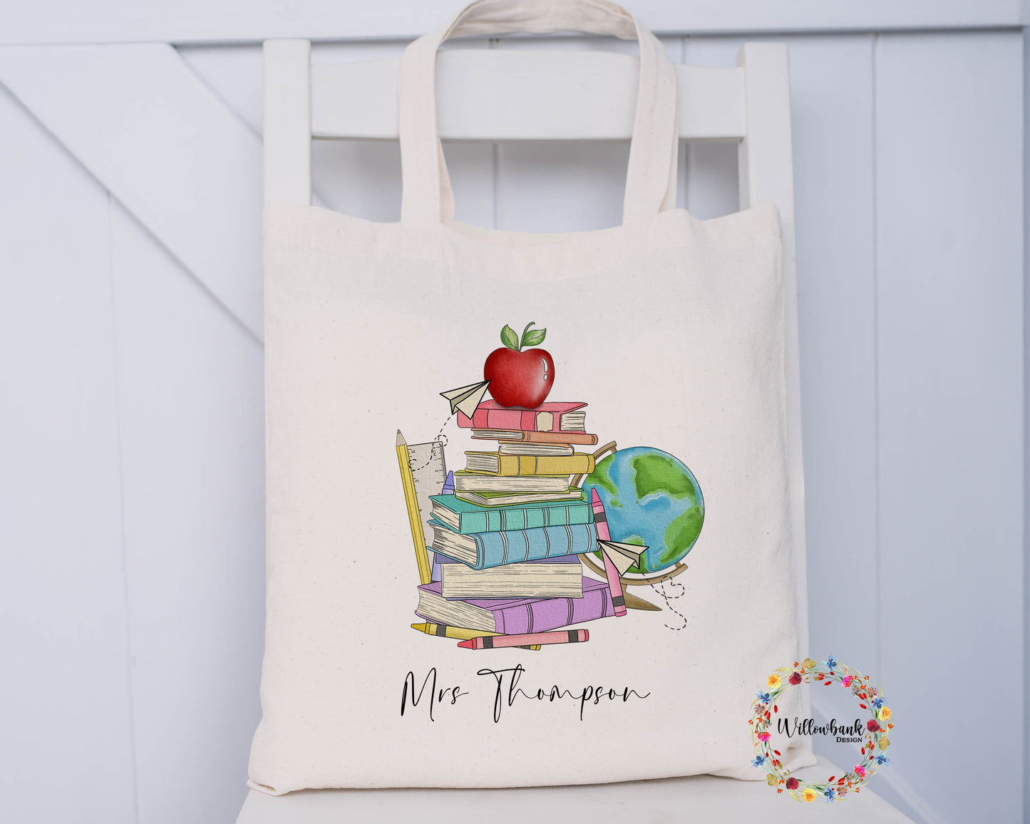 Personalised Book Stack Teacher Tote Bag l Teacher Gift l Teaching Assistant Present l Nursery l Eco Shopping Bag l End Of Year Gift