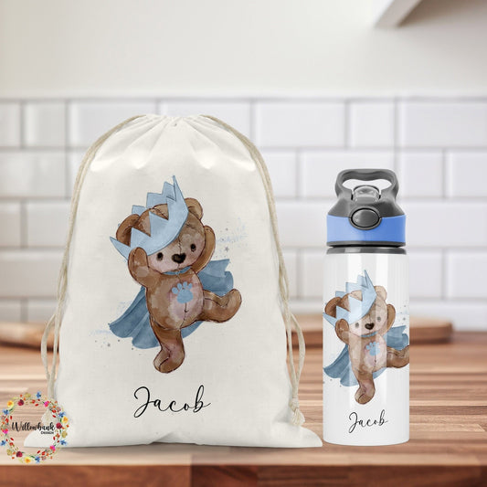 Personalised Matching Teddy Bear Crown Bag & Water Bottle l Backpack l School Bag l PE kit bag l Drawstring l Drink Bottle l Back To School