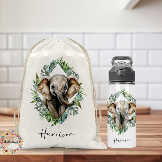 Personalised Matching Elephant Safari Bag & Water Bottle l Backpack l School Bag l PE kit bag l Drawstring l Drink Bottle l Back To School