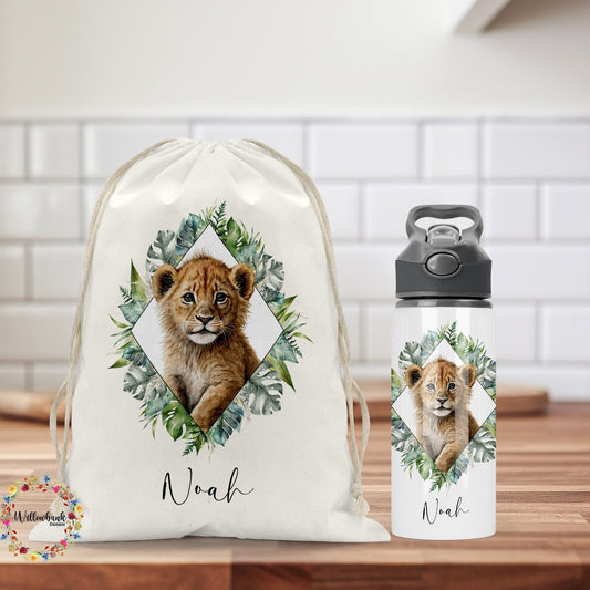 Personalised Matching Lion Cub Safari Bag & Water Bottle l Backpack l School Bag l PE kit bag l Drawstring l Drink Bottle l Back To School