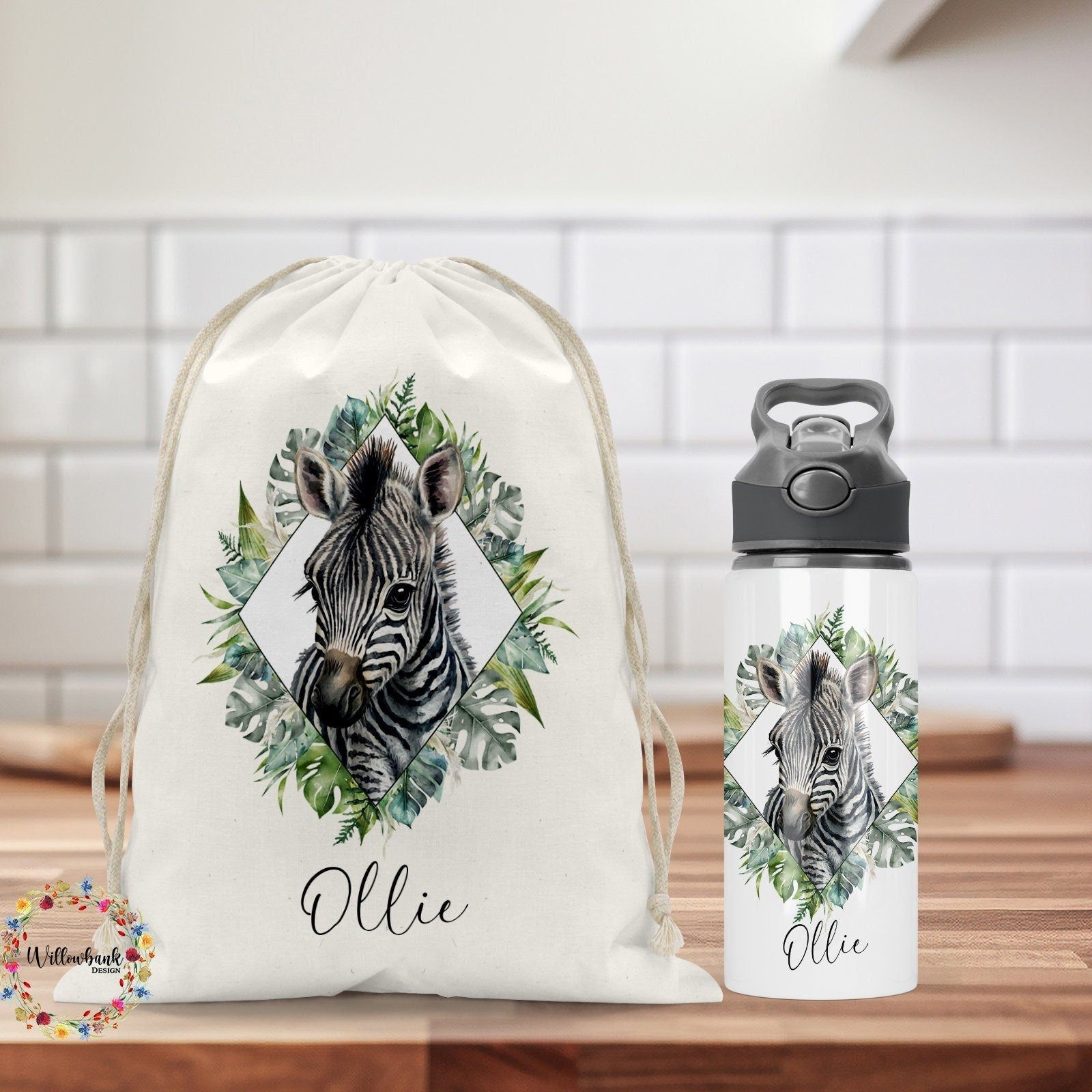 Personalised Matching Zebra Safari Bag & Water Bottle l Backpack l School Bag l PE kit bag l Drawstring l Drink Bottle l Back To School