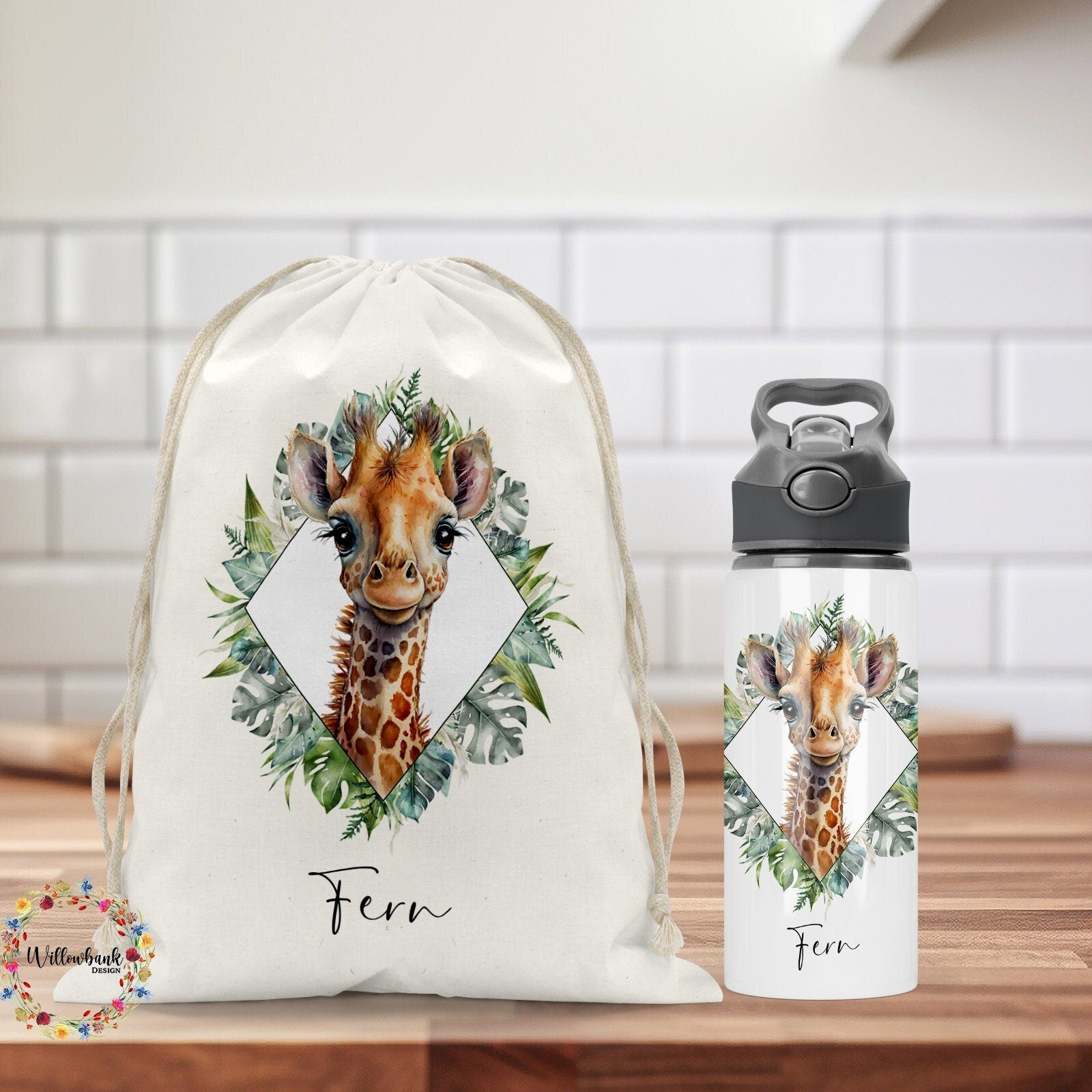 Personalised Matching Giraffe Safari Bag & Water Bottle l Backpack l School Bag l PE kit bag l Drawstring l Drink Bottle l Back To School