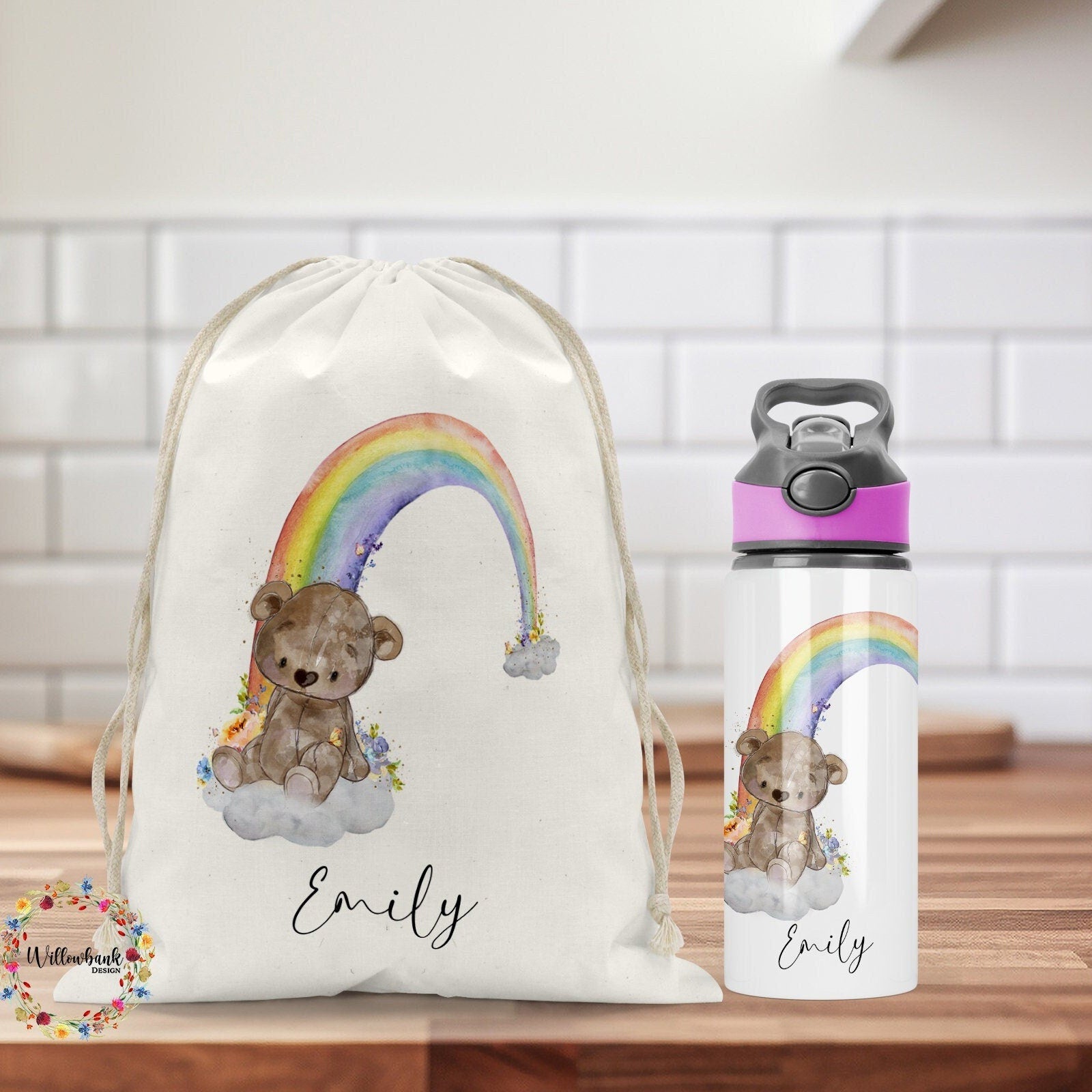 Personalised Matching Rainbow Bear Bag & Water Bottle l Backpack l School Bag l PE kit bag l Drawstring l Drink Bottle l Back To School