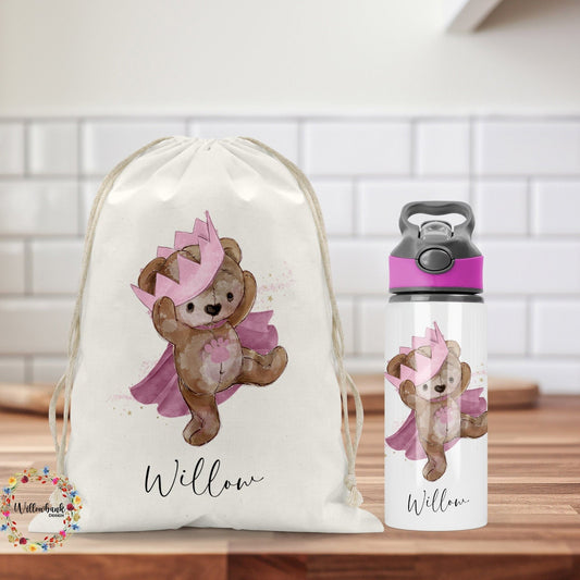 Personalised Matching Teddy Bear Crown Bag & Water Bottle l Backpack l School Bag l PE kit bag l Drawstring l Drink Bottle l Back To School