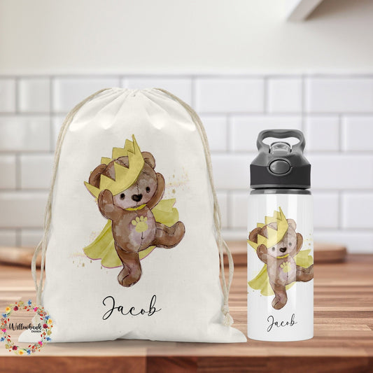 Personalised Matching Teddy Bear Crown Bag & Water Bottle l Backpack l School Bag l PE kit bag l Drawstring l Drink Bottle l Back To School