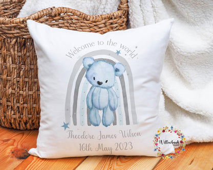 Welcome To The World New Baby Nursery Cushion l Teddy Bear Rainbow l New Baby Gift l Nursery Decor