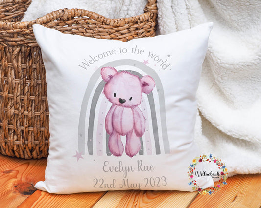 Welcome To The World New Baby Nursery Cushion l Teddy Bear Rainbow l New Baby Gift l Nursery Decor