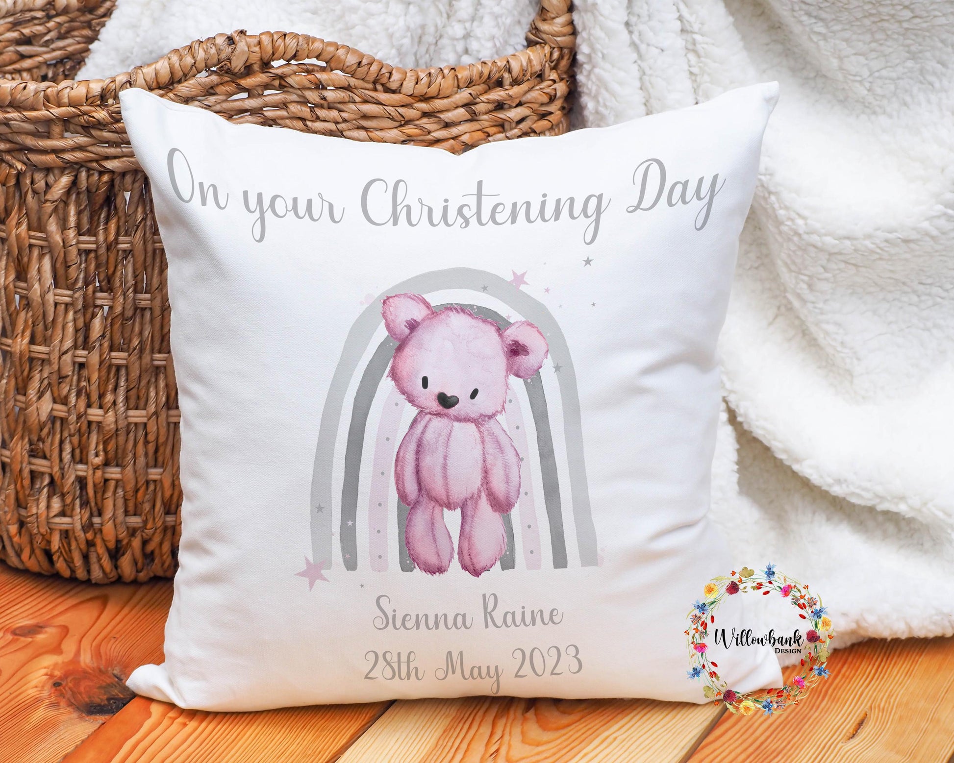 On Your Christening Day New Baby Cushion - Teddy Bear Rainbow - New Baby Gift - Nursery Decor