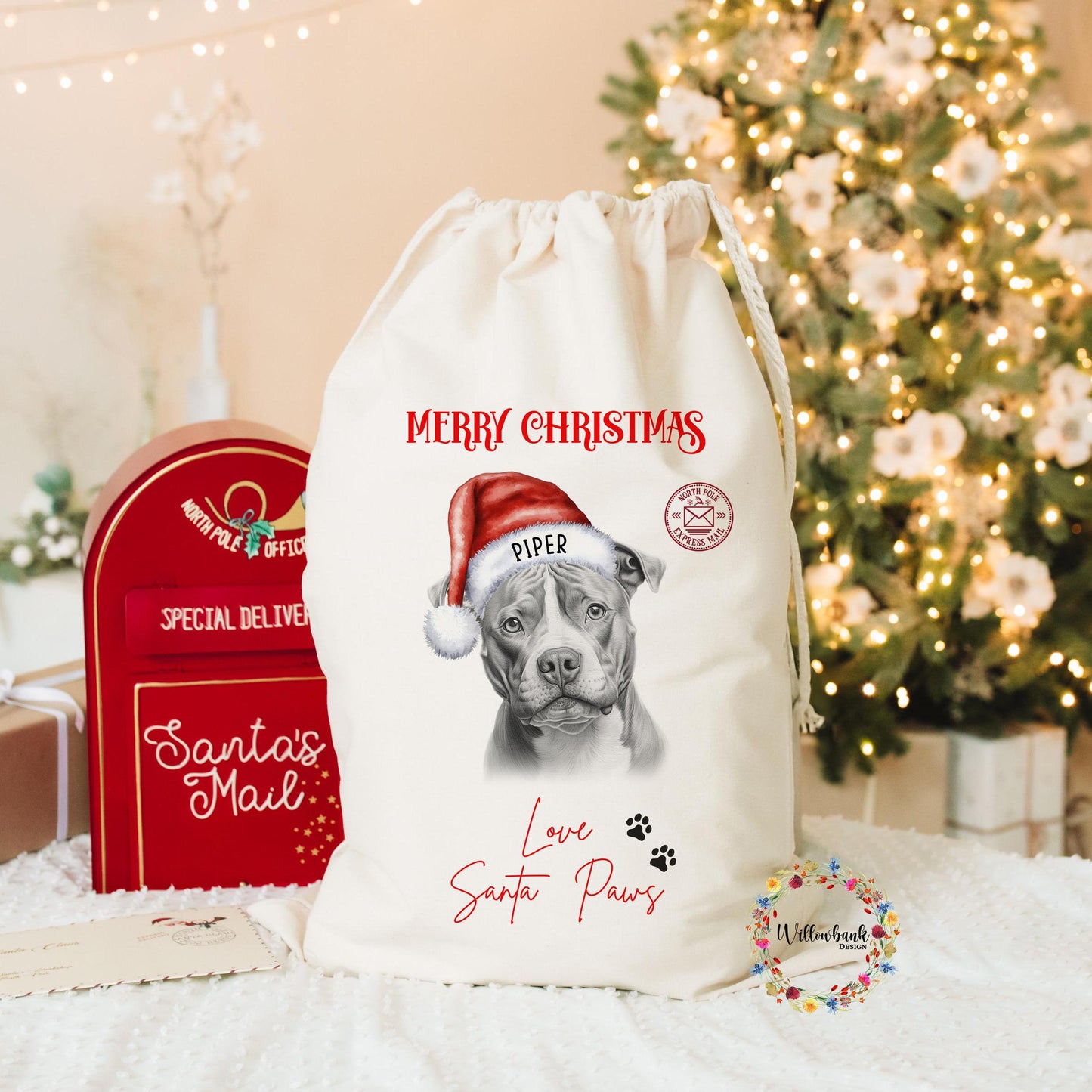 Pitbull Terrier Christmas Santa Sack l Personalised Christmas Sack l Xmas Eve Box l Xmas Bags l Dog Lover l Puppy Gift