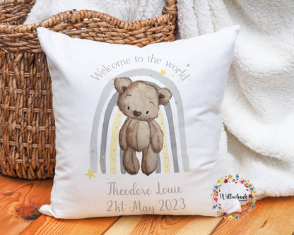 Welcome To The World New Baby Nursery Cushion l Teddy Bear Rainbow l New Baby Gift l Nursery Decor