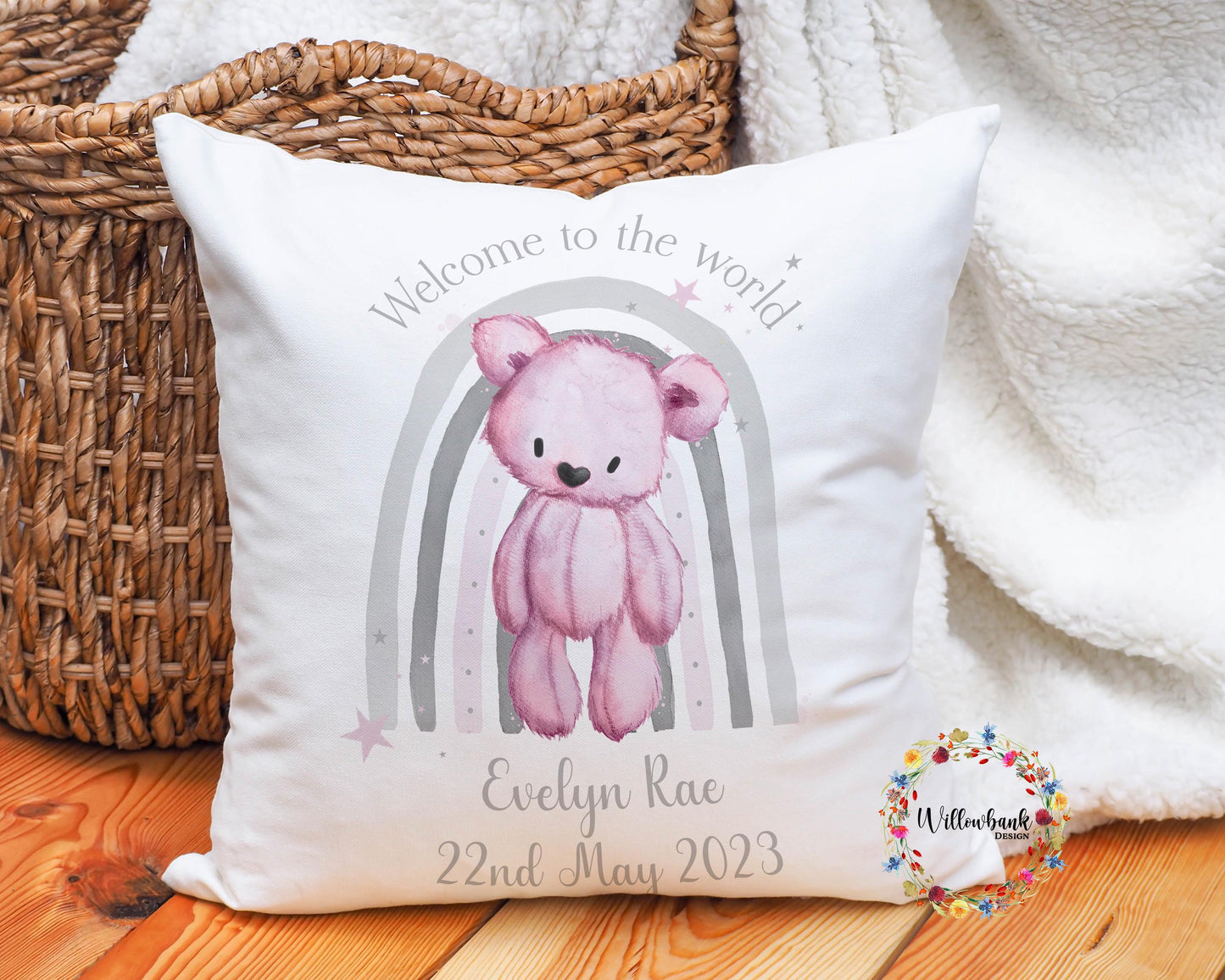 Welcome To The World New Baby Nursery Cushion l Teddy Bear Rainbow l New Baby Gift l Nursery Decor