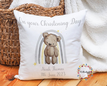 On Your Christening Day New Baby Cushion - Teddy Bear Rainbow - New Baby Gift - Nursery Decor