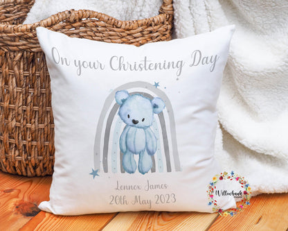 On Your Christening Day New Baby Cushion - Teddy Bear Rainbow - New Baby Gift - Nursery Decor