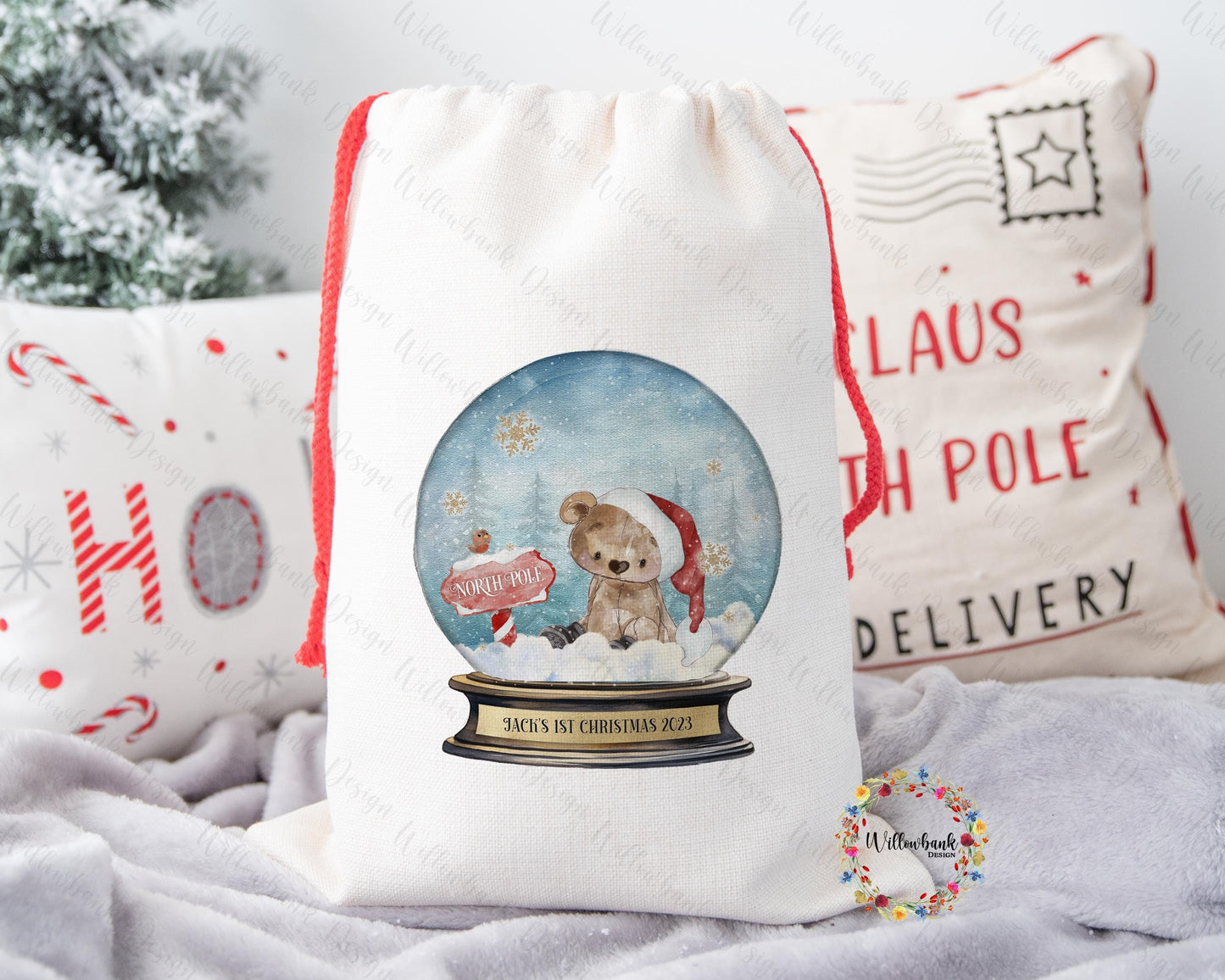 Personalised Teddy Bear Elf Snow Globe Christmas Sack - Personalised Santa Sack - Xmas Eve Box - Xmas Bags - Santa Sack