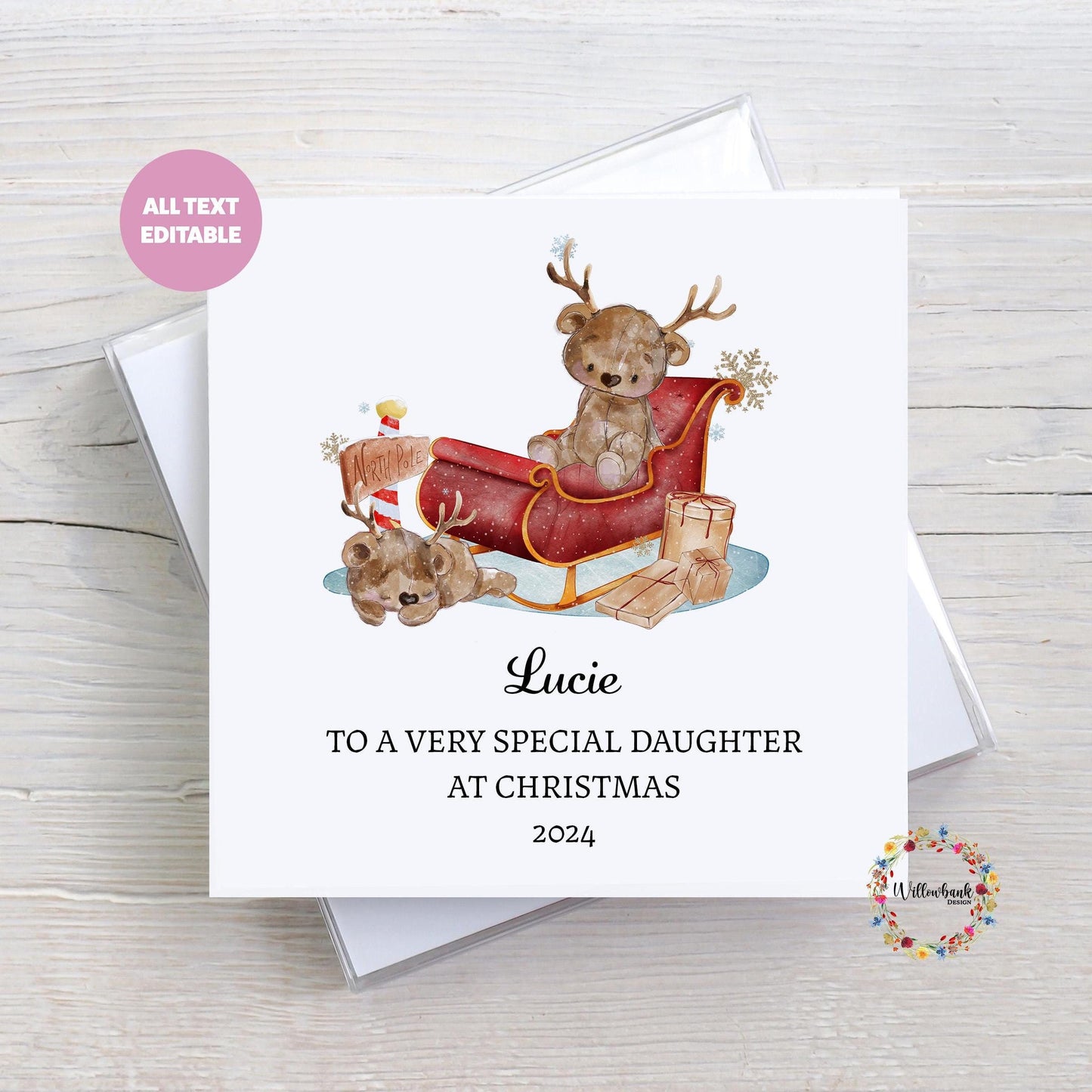 Santa's Sleigh Christmas Card l Father Christmas l Xmas Reindeer Bear l Xmas Card For Child l Keepsake l Son Daughter Grandson Grandaughter