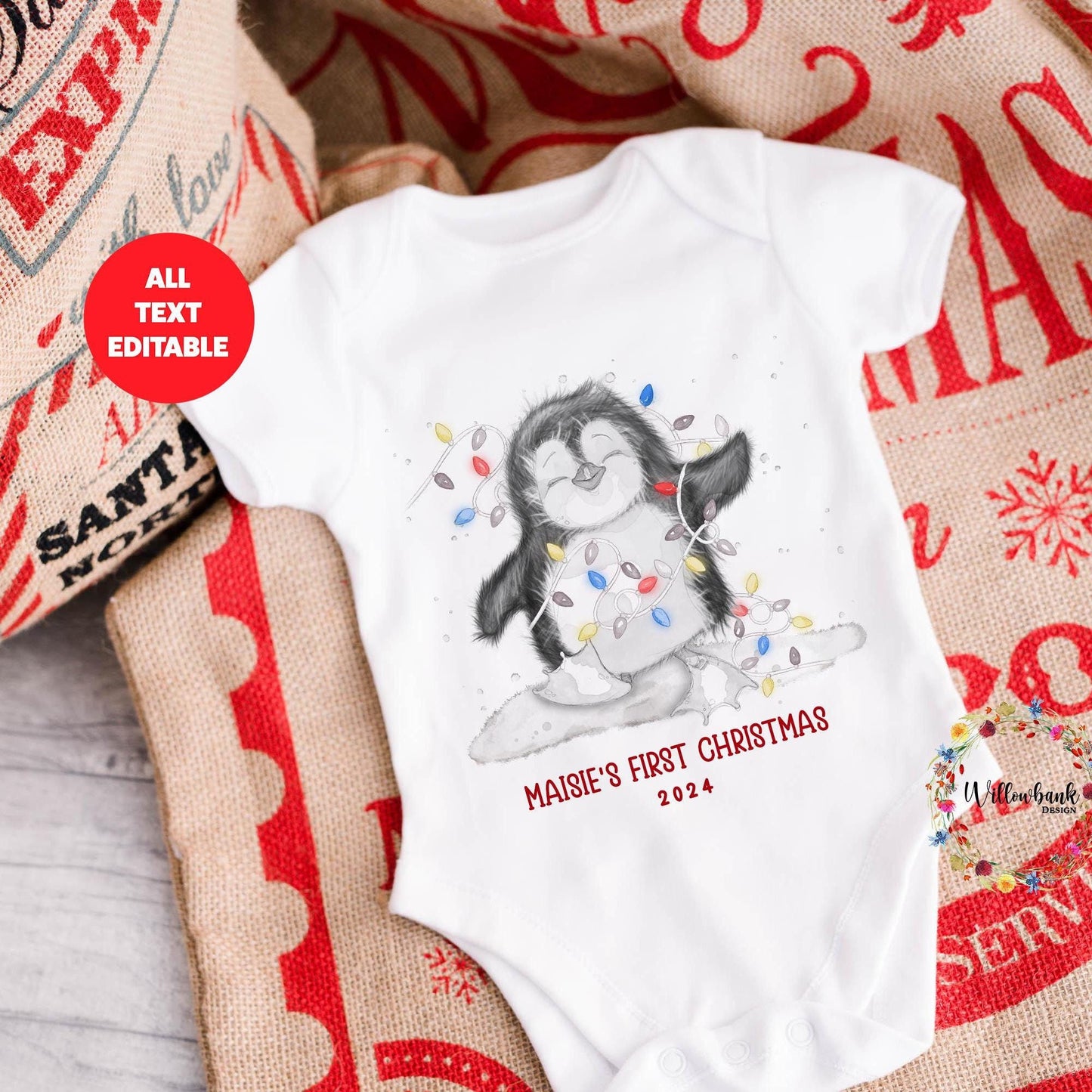 Baby's First Christmas Penguin Bodysuit l New Baby Gift l First Christmas l Baby Vest l Christmas Day Outfit