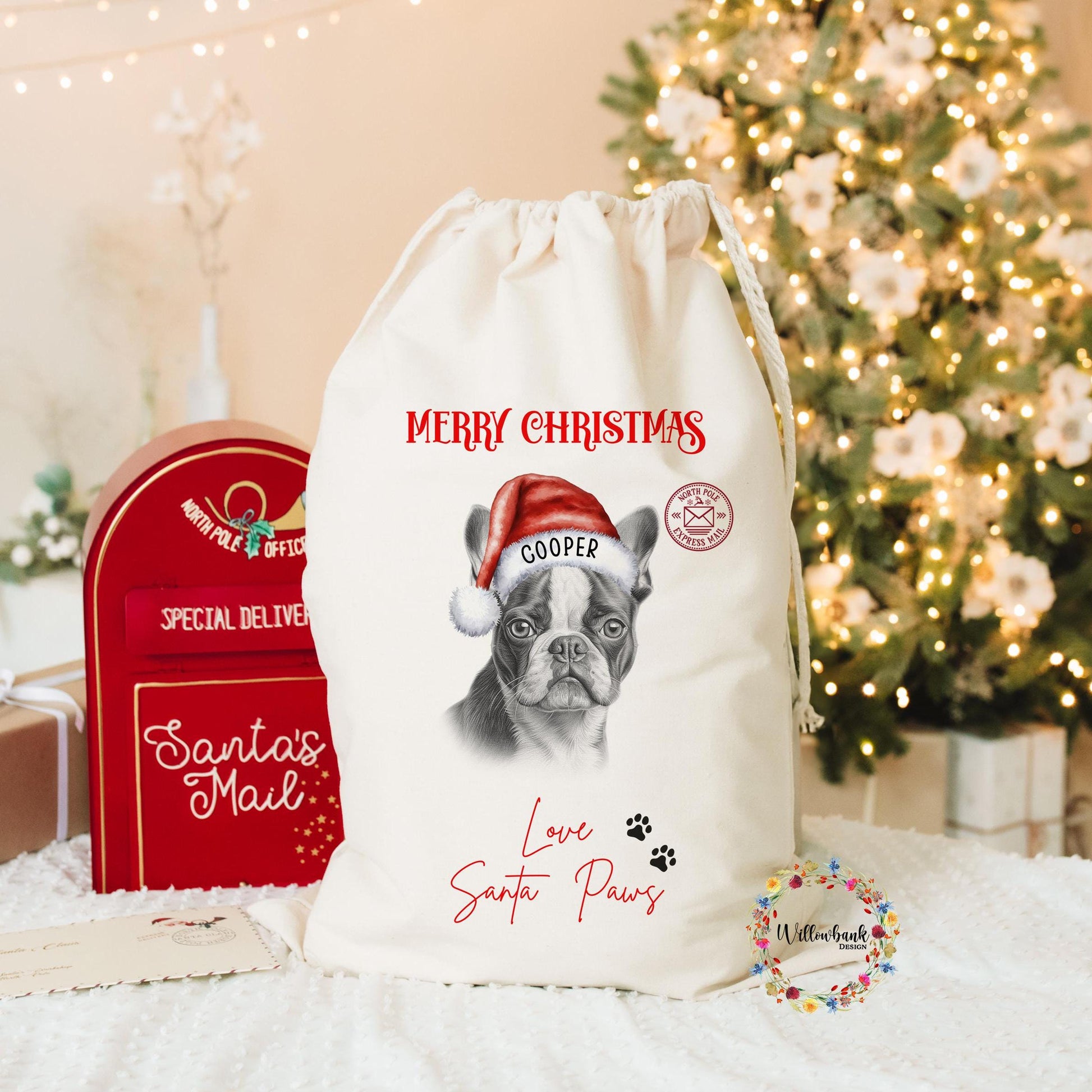 Boston Terrier Christmas Santa Sack l Personalised Christmas Sack l Xmas Eve Box l Xmas Bags l Dog Lover