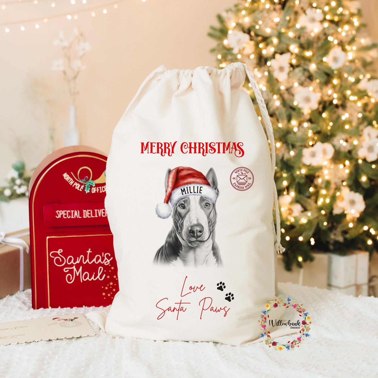 Bull Terrier Christmas Santa Sack l Personalised Christmas Sack l Xmas Eve Box l Xmas Bags l Dog Lover l Puppy Gift