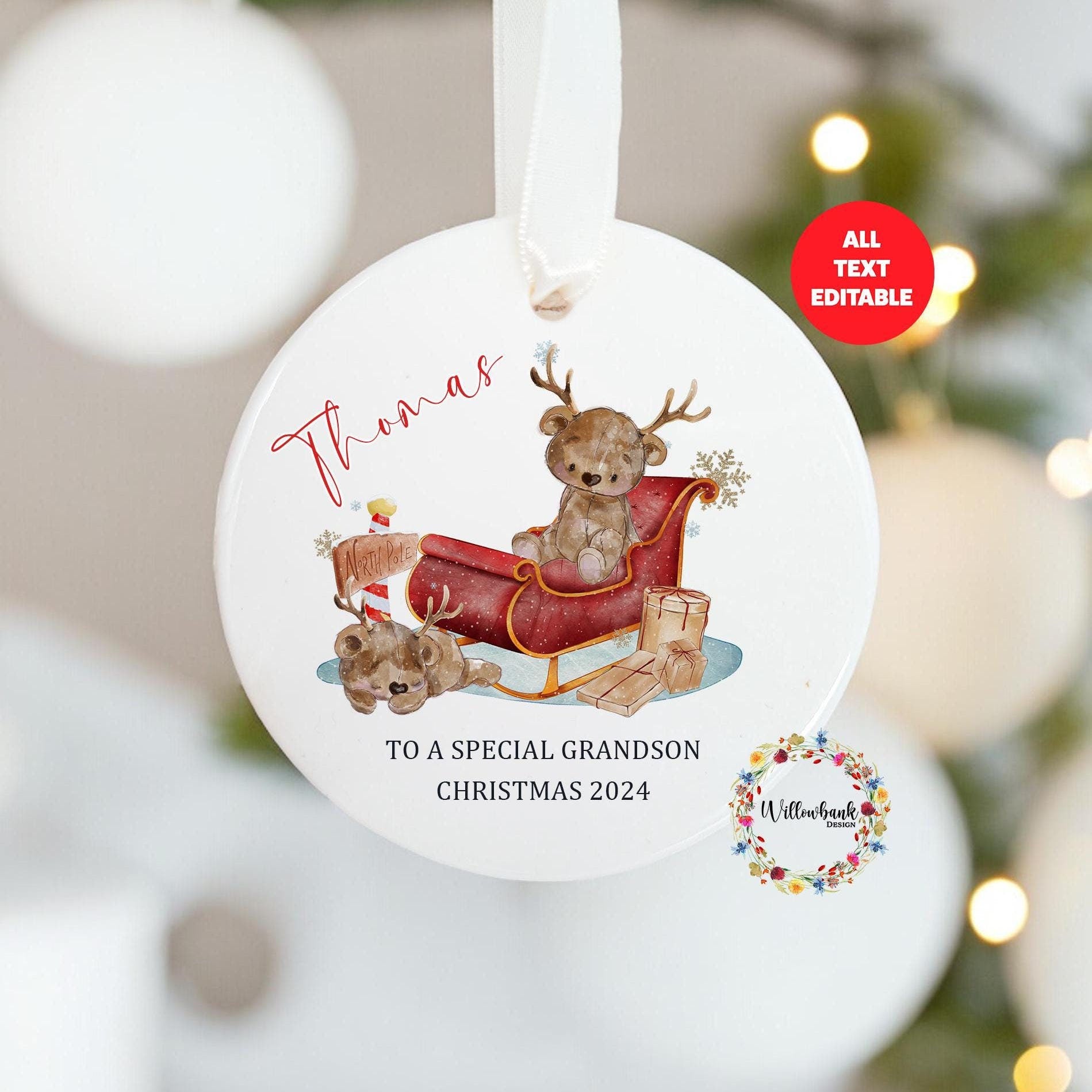Personalised Teddy Bear Santa Sleigh Christmas Tree Decoration
