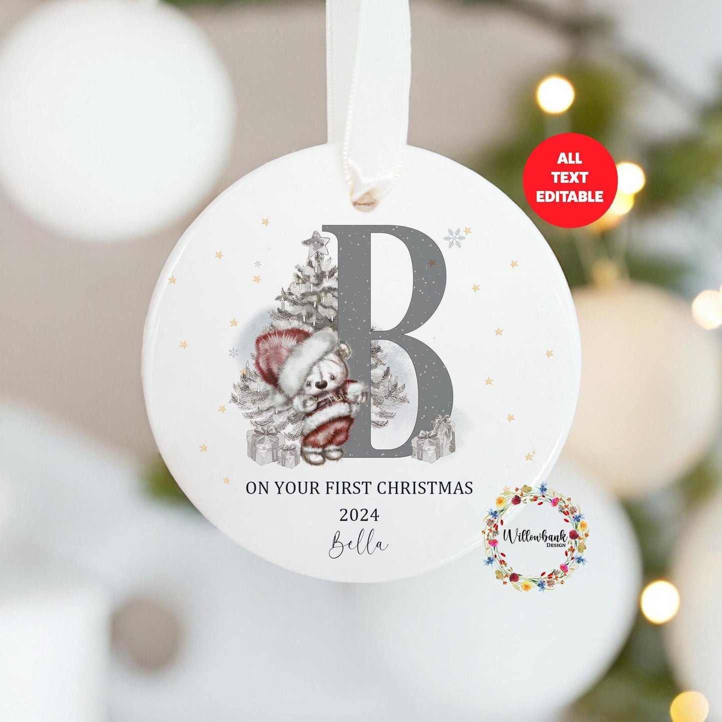 Personalised Sketchy Teddy Bear Santa Christmas Tree Decoration