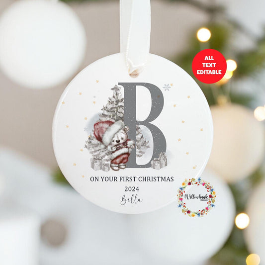 Personalised Sketchy Teddy Bear Santa Christmas Tree Decoration