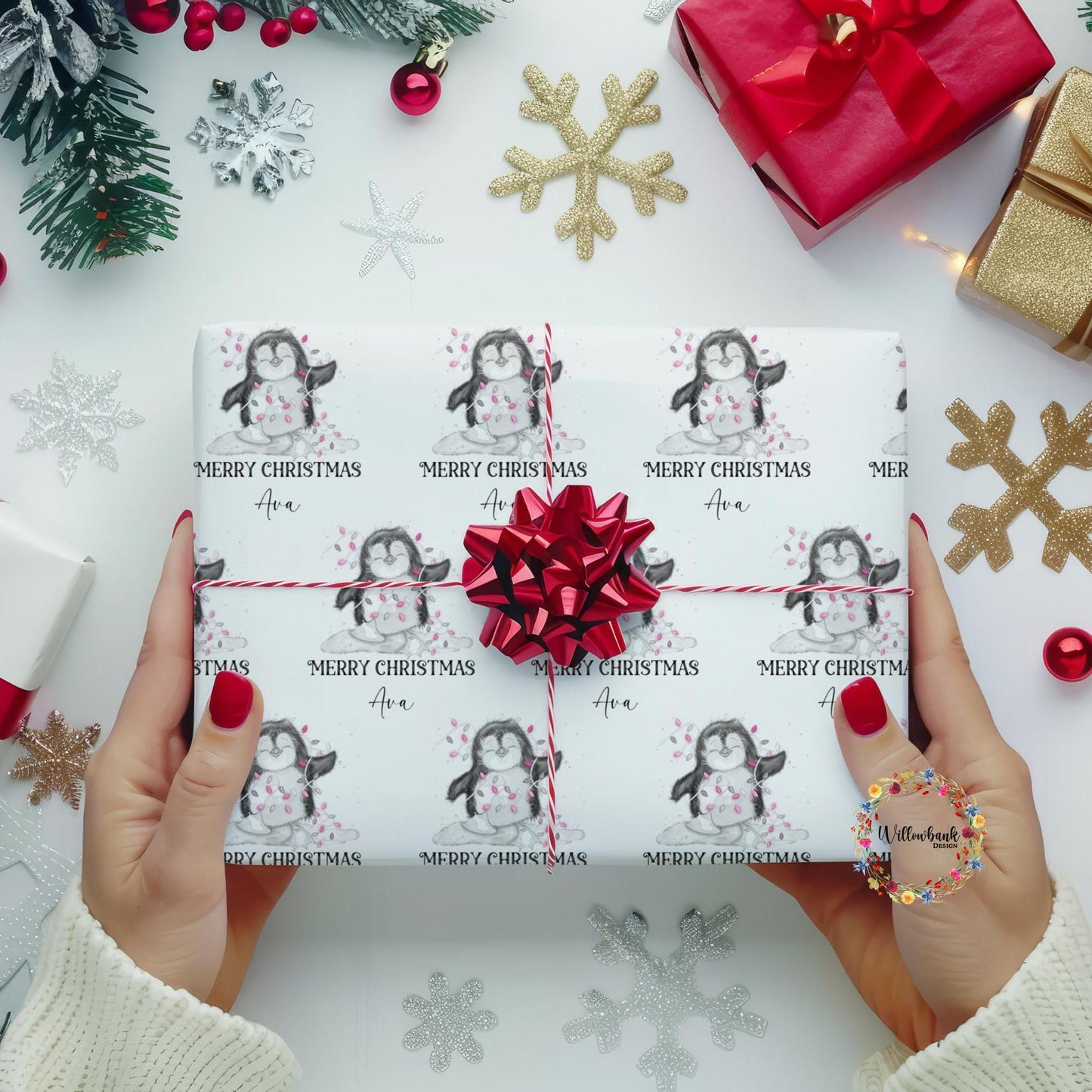 Personalised Penguin Christmas Wrapping Paper l Gift Wrap l Kids Christmas