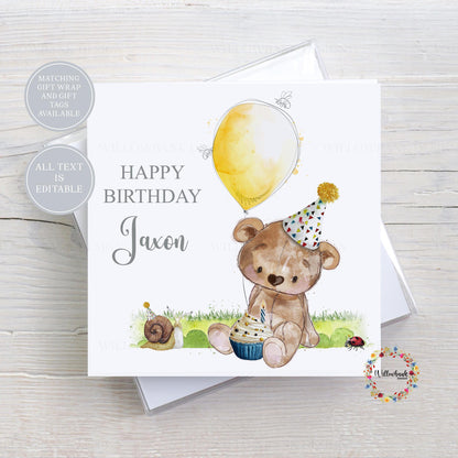 Personalised Teddy Bear Balloon Childrens Birthday Card l Age Card l Kids Birthday l Baby l First Birthday l 1st Bday l Custom Wording