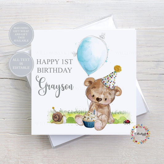Personalised Teddy Bear Balloon Childrens Birthday Card l Age Card l Kids Birthday l Baby l First Birthday l 1st Bday l Custom Wording