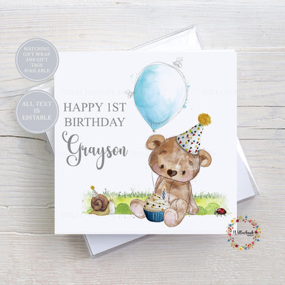 Personalised Teddy Bear Balloon Childrens Birthday Card l Age Card l Kids Birthday l Baby l First Birthday l 1st Bday l Custom Wording